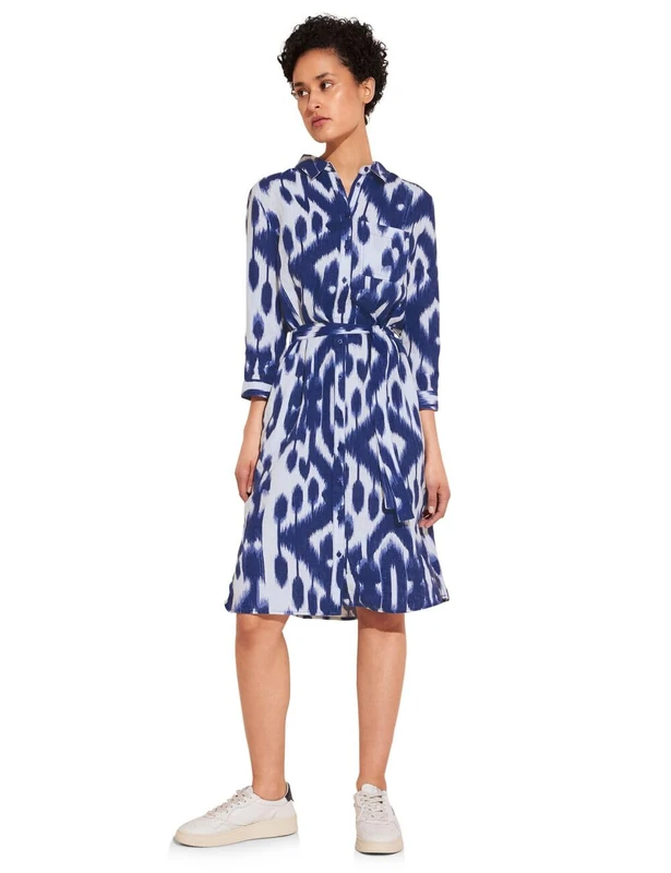 Street One Women's AOP Linen Shirt Dress_Long, Deep Water Blue, 18