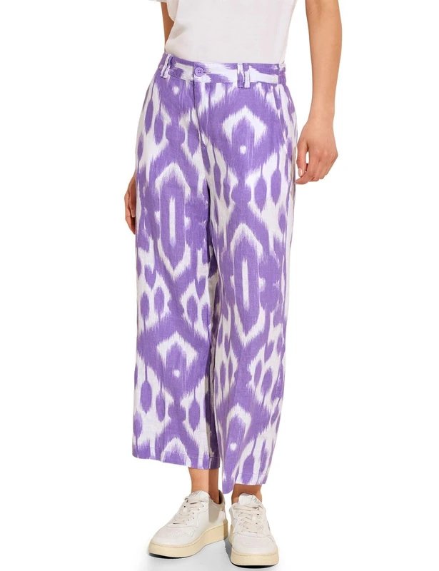 Street One Women's L/AOP Style Emee Linen Print L Pants, Smell of Lavender, 36W / 26L
