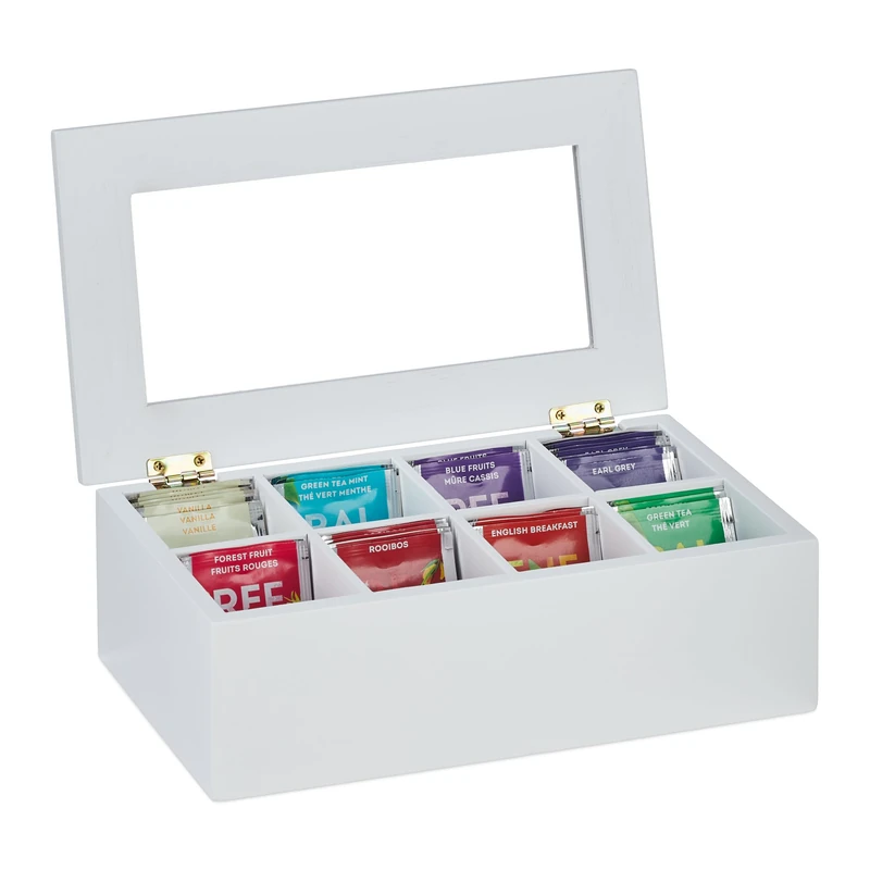 Relaxdays Tea Box, 8 Compartments, Bamboo, HBT: 9x28x16 cm, Tea & Coffee Pods, Tea Box with Lid, Dust Protected, White