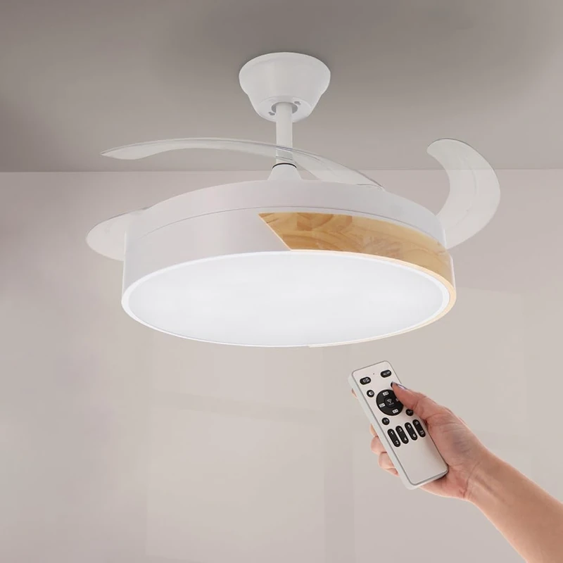 M mimotec - Ceiling Fan with Led Light Messe 72W White with Natural Wood and Remote Control, DC Motor, 6 speeds, Silent, 4 Folding Blades, Summer-Winter Function, Timer