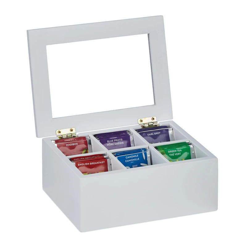 Relaxdays Tea Box, 6 Compartments, Bamboo, HBT: 9x21,5x16 cm, Tea & Coffee Pods, Tea Box with Lid, Dust Protected, White