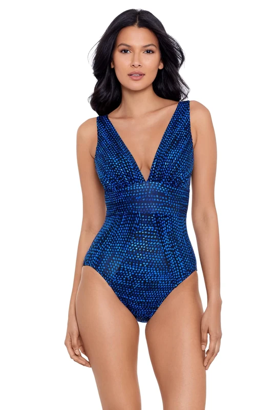 Miraclesuit Women's Swimwear No Static Odyssey Tummy Control Soft Cup One Piece Swimsuit, Blue/Multi, 16