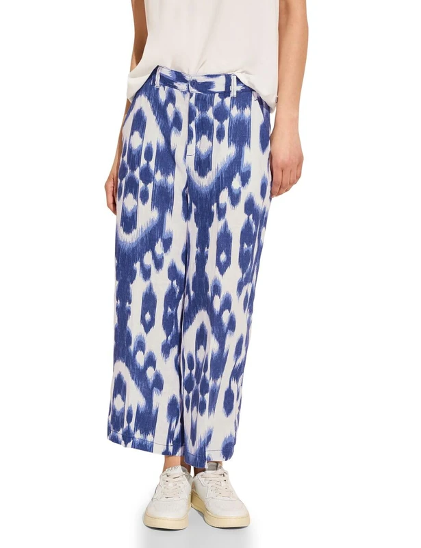 Street One Women's L/AOP Style Emee Linen Print L Pants, Deep Water Blue, 36W / 26L