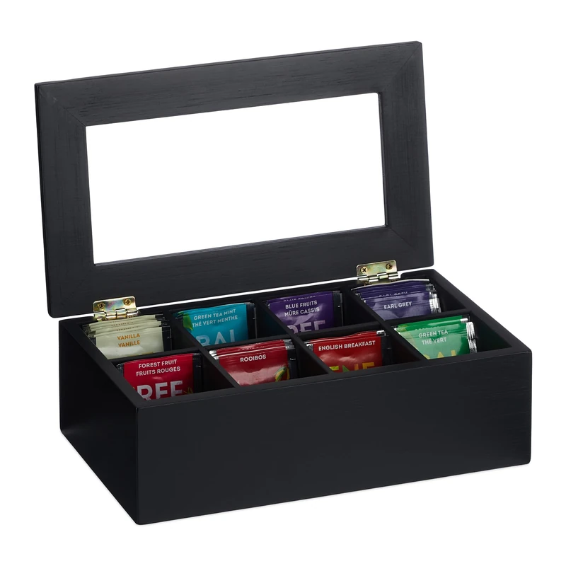 Relaxdays Tea Box, 8 Compartments, Bamboo, HBT: 9x28x16 cm, Tea & Coffee Pods, Tea Box with Lid, Dust Protected, Black