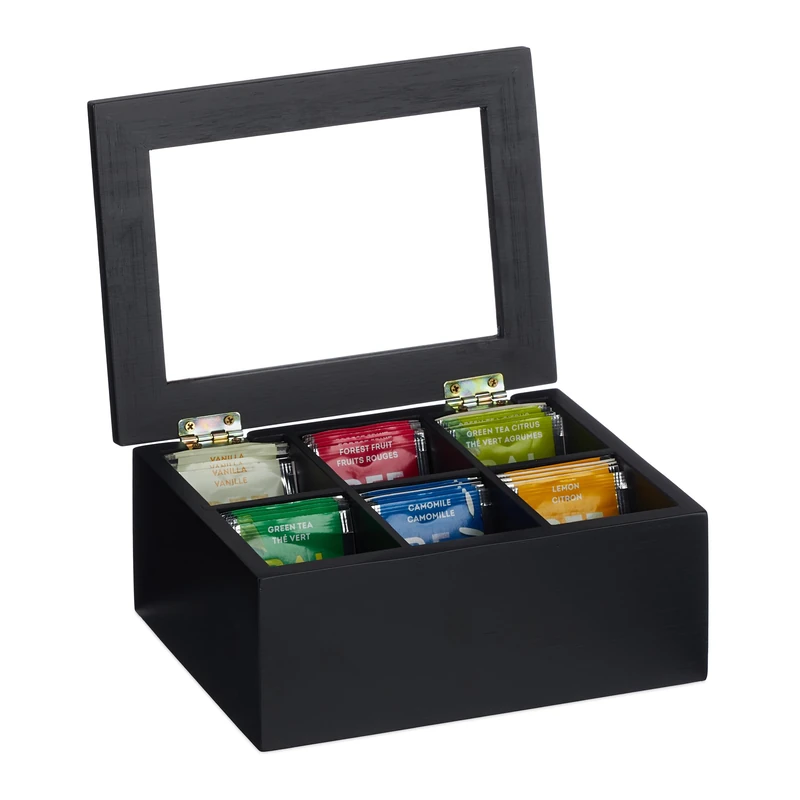 Relaxdays Tea Box, 6 Compartments, Bamboo, HBT: 9x21,5x16 cm, Tea & Coffee Pods, Tea Box with Lid, Dust Protected, Black