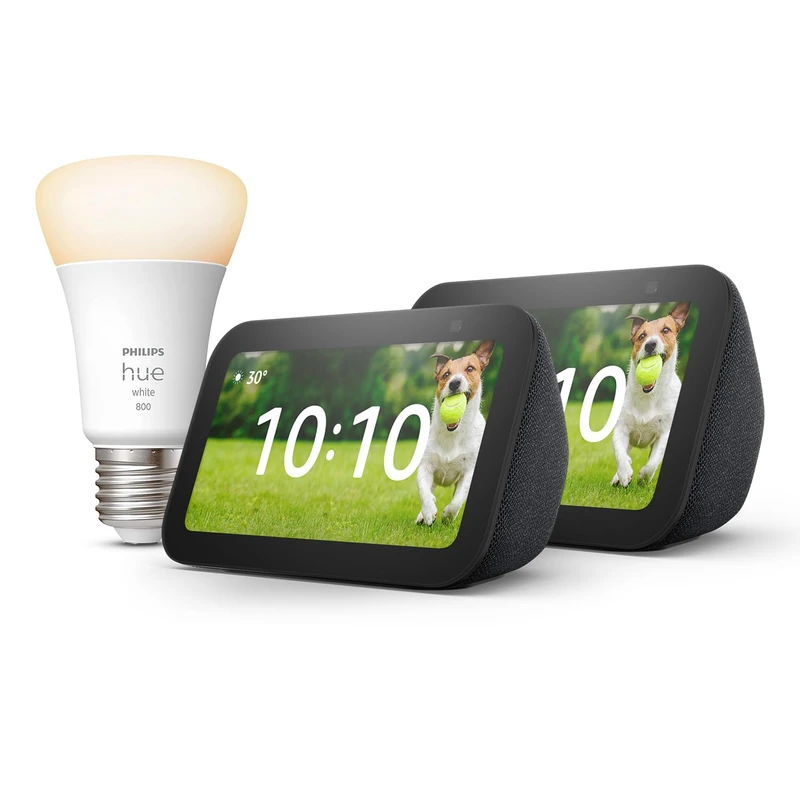 Echo Show 5 (3rd generation) | Charcoal, 2-pack + Philips Hue White Smart Light Bulb LED (E27), Works with Alexa - Smart Home Starter Kit