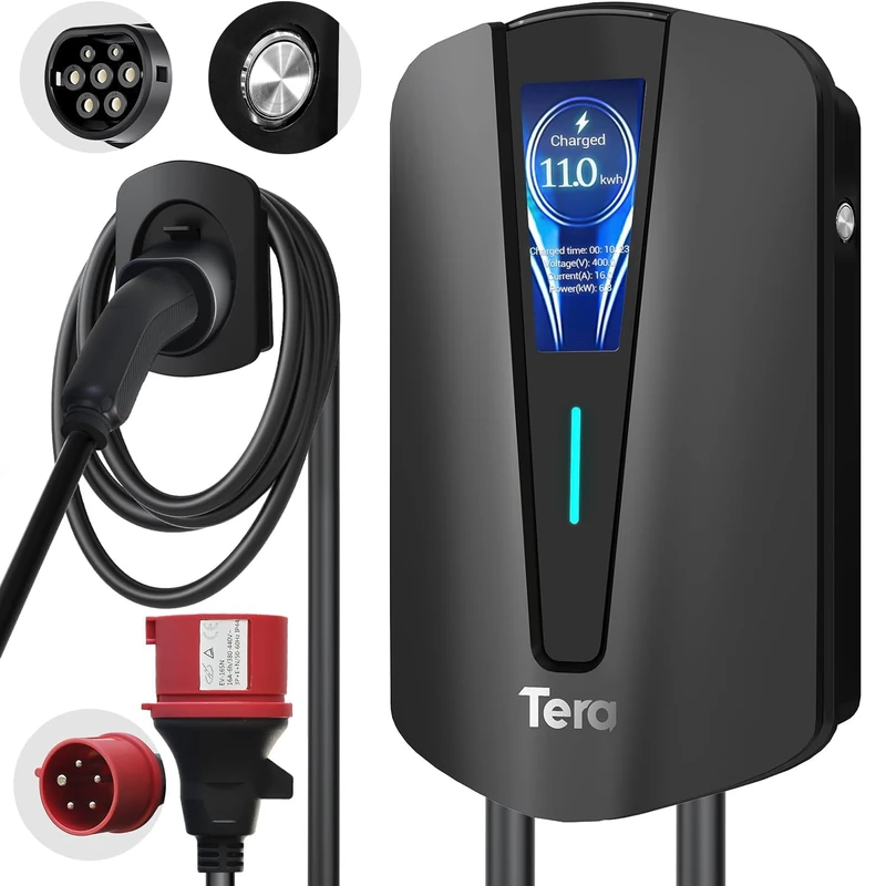 Tera EV Charger T3 2 11 KW Home Charging Station Wallbox Charging Cable Electric Car with Cable Holder Charging Cable 3-Phase CEE Plug 16A 400V Cable for Electric Vehicles and PHEVs, Q8 Black