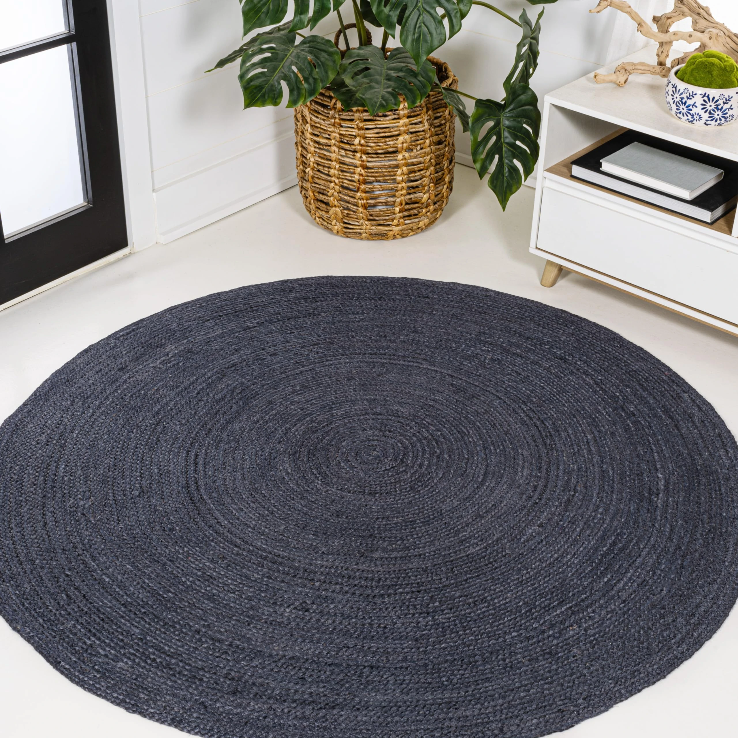 JONATHAN Y RNF116B-5R Zara Braided Coastal Cottage Round Jute Area Rug, Casual, Classic, Solid, Minimalist, Traditional for Living Room, Dining Room, Bedroom, Kitchen, Navy, 5' Round