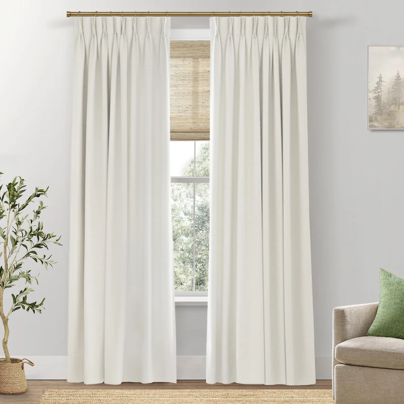 SHINELAND Black Out Curtains 96 Inches Long,Cream Linen Pinch Pleated Blackout Floor to Ceiling Curtains for Living Room 2 Panel Set,Cortinas para Cuarto Bloqueador De Luz