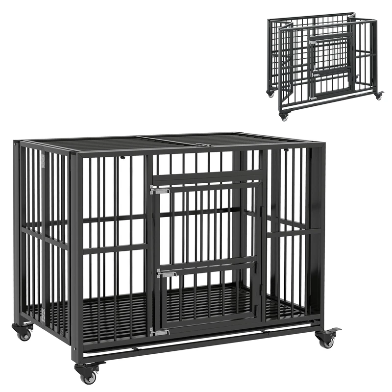 PawHut 43" Foldable Heavy Duty Dog Crate w/Locks, Removable Tray, Wheels