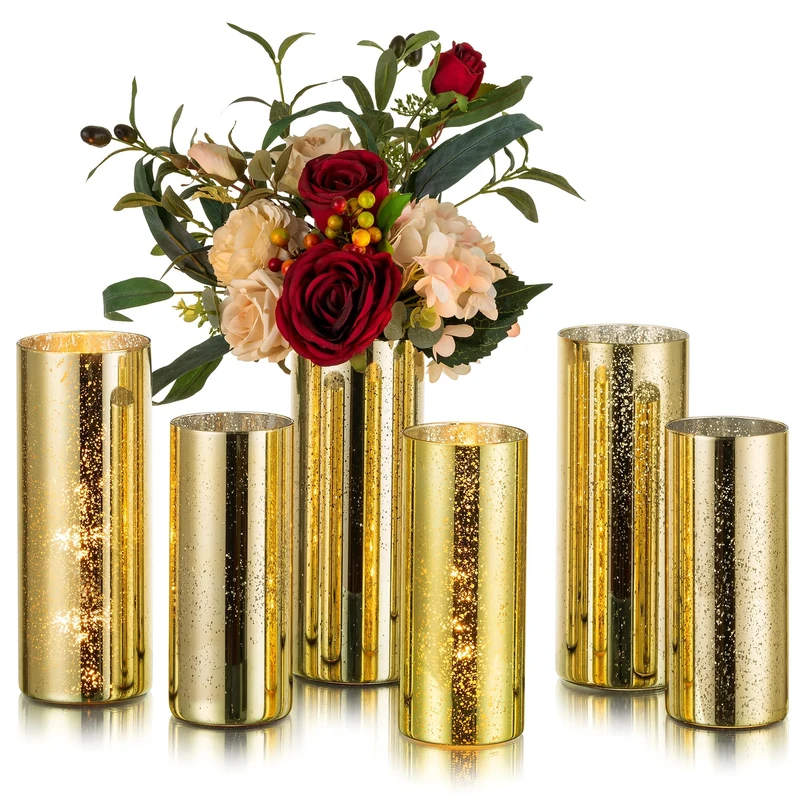 Glasseam Gold Cylinder Vases for Centerpieces: 6 Modern Mercury Hurricane Glass Vase Set for Flowers - Decorative Golden Pillar Candle Holders for Wedding Party Dining Room Table Decor