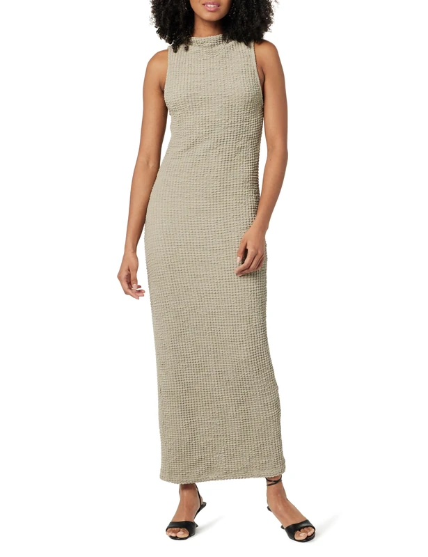 The Drop Women's Lena High Neck Textured Midi Dress, Vintage Khaki, S