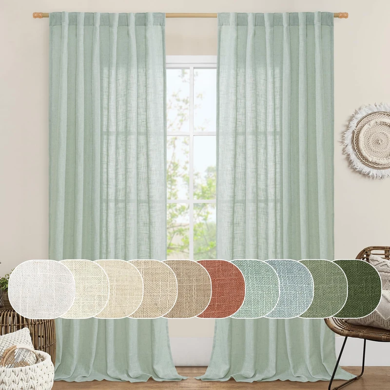 LAMIT Living Room Linen Curtains 95 Inch for Bedroom, Back Tab and Rod Pocket Textured Sheer Light Filtering Burlap for Farmhouse, 2 Panels, 52 x 95 Inch, Light Sage