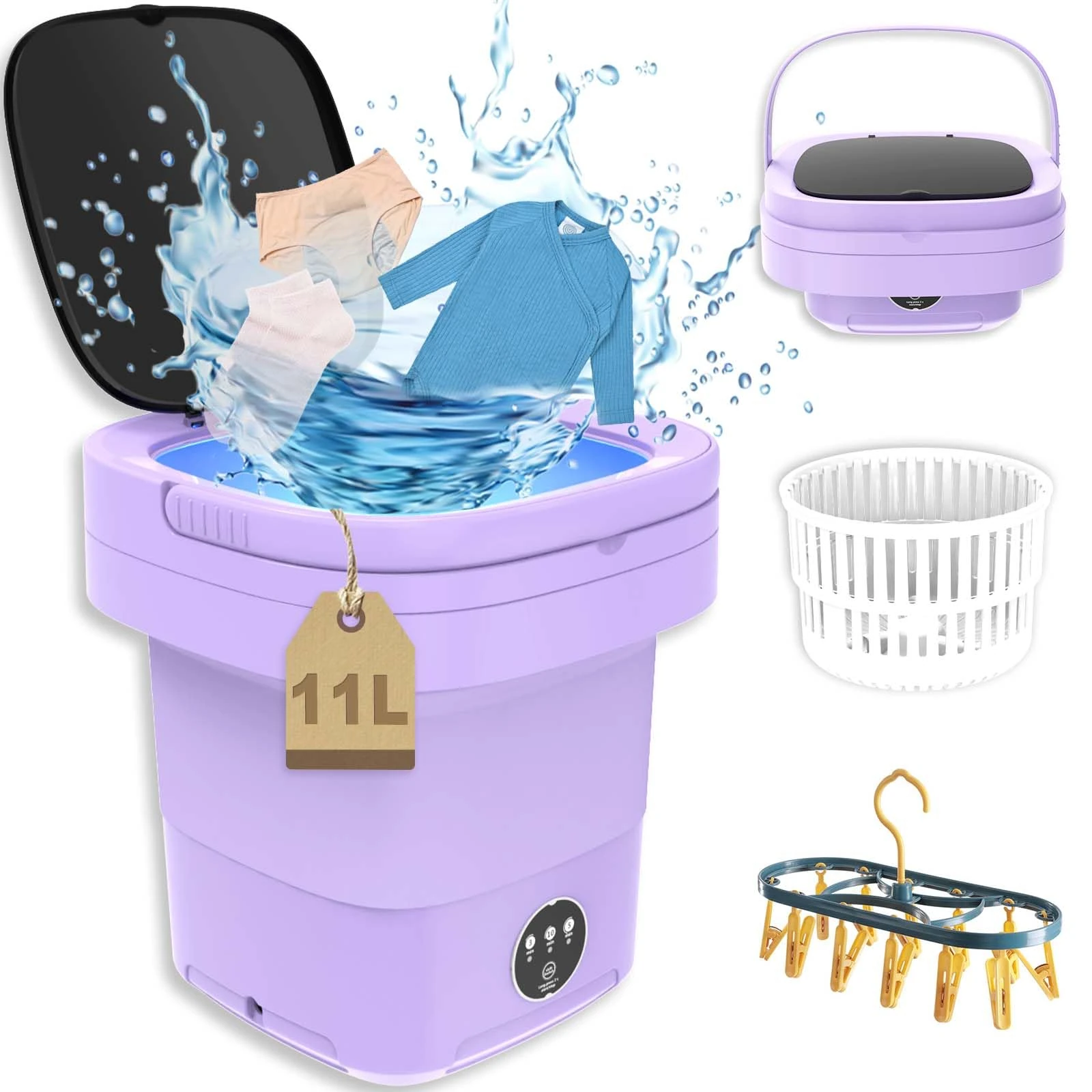 Portable Washing Machine, 11L 2 in 1 Mini Washer Machine and Dryer Weighs 1.8kg, Foldable Small Smart Laundry Machine with 3 Cleaning Modes for Baby Clothes, Underwear, Camping, RV, Travel