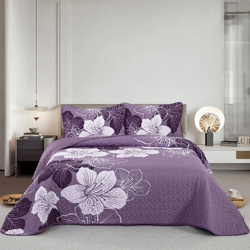 DJY 3 Pieces Quilt Set King Dark Purple Floral Pattern Quilt Coverlet Set Elegant Boho Bedspread with 2 Pillow Cases Soft Microfiber Botanical Bedding Quilt Set for Teens Adults 90"x 104"