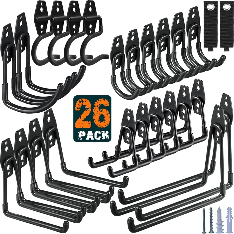 HUPBIPY 26 Pack Garage Hooks Heavy Duty Utility Steel with Anti-Slip Coating Wall Mount Storage Organizer for Hanging Power and Garden Tools, Ladders, Hose, Bikes, Ropes, Bulk Items, and More