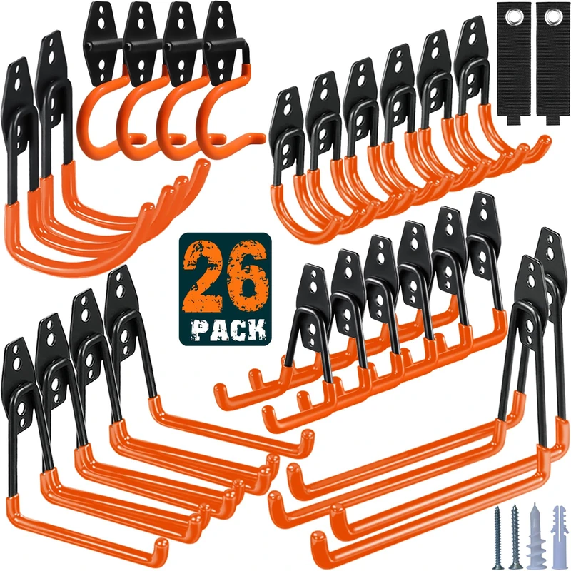 HUPBIPY 26 Pack Garage Hooks Heavy Duty,Utility Steel Garage Storage Hooks,Wall Mount Garage Hanger&Organizer for Organizing Power Tools,Ladders,Bulk Items,Bikes,Ropes and More Equipment