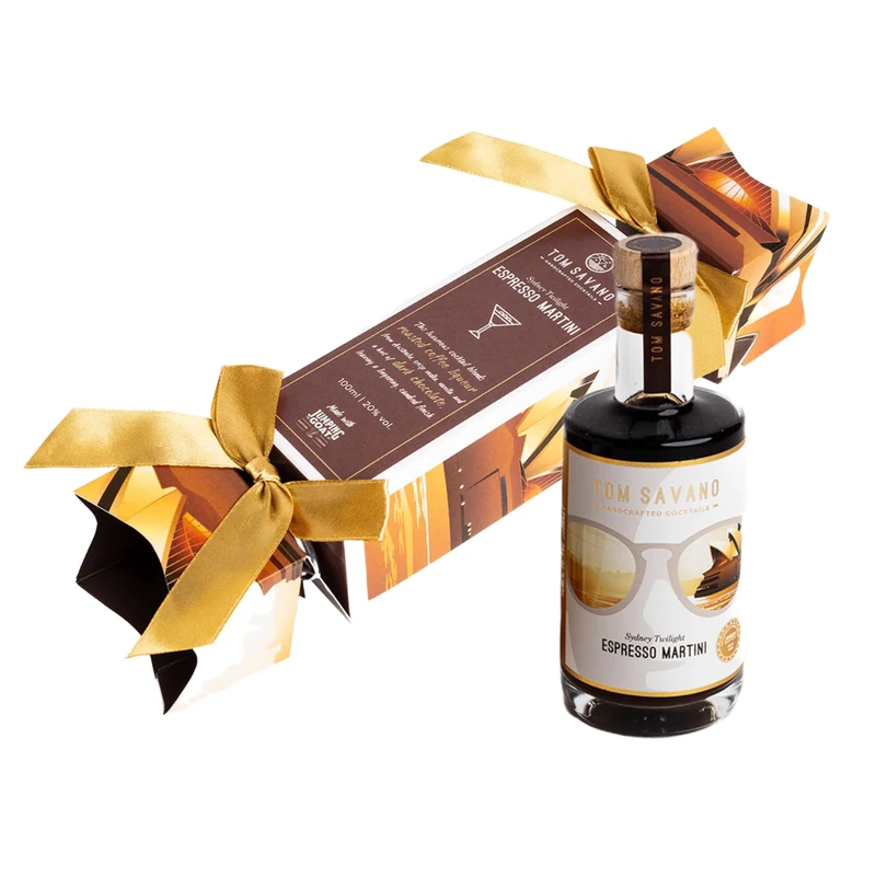Tom Savano Artisan Cocktails | Espresso Martini Christmas Cocktail Cracker | Decadent Blend Australian Coffee Liqueur, Crisp Vodka, Vanilla, Dark Chocolate | Festive Gift Box | 1 x 100ml Mini Bottle