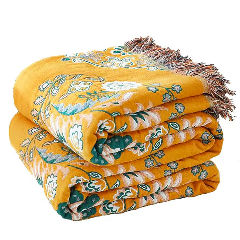 VANJOROY Boho 100% Cotton Soft Throw Blanket for Couch Bed Decorative Floral Blanket Reversible Yellow Boho Throw Blanket for Chair Couch Comforter Gift 80"x90"