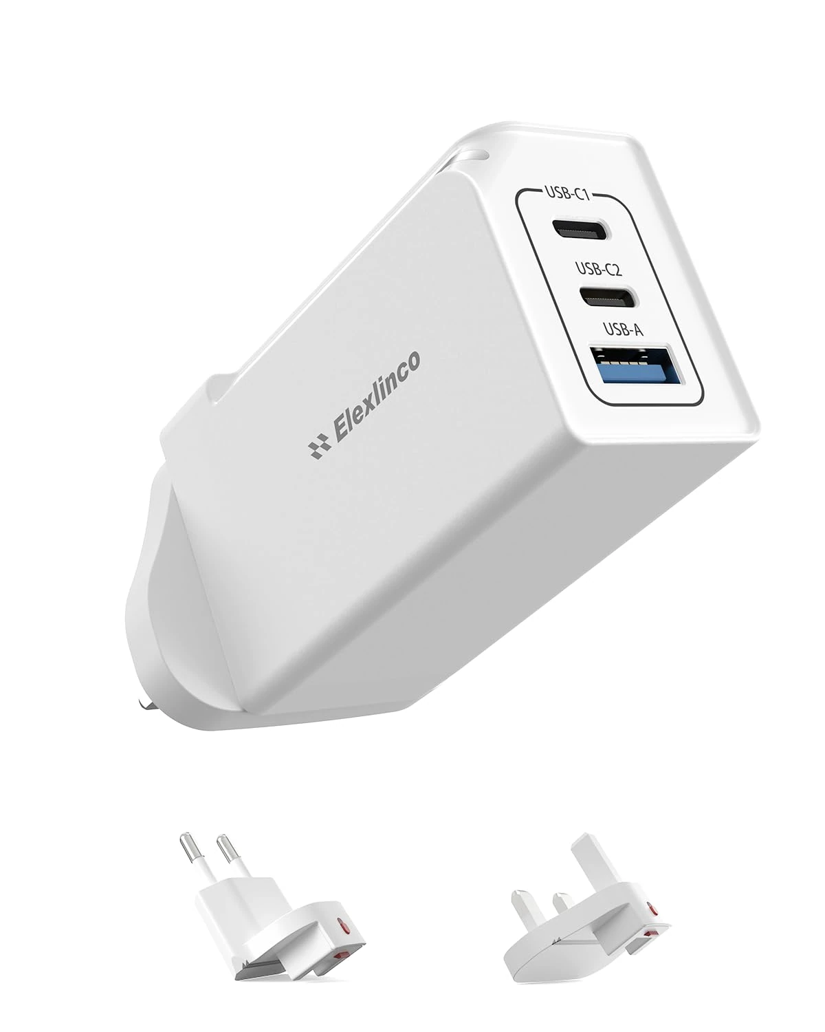 65W USB C Plug, Elexlinco GaN II Fast Charger, 3-Port USB C Charger Plug with UK, US, EU Travel Adapter, Compatible with MacBook Pro/Air, HP Laptops, iPad, iPhone 15/Pro/Max, Galaxy S24/S23 and More