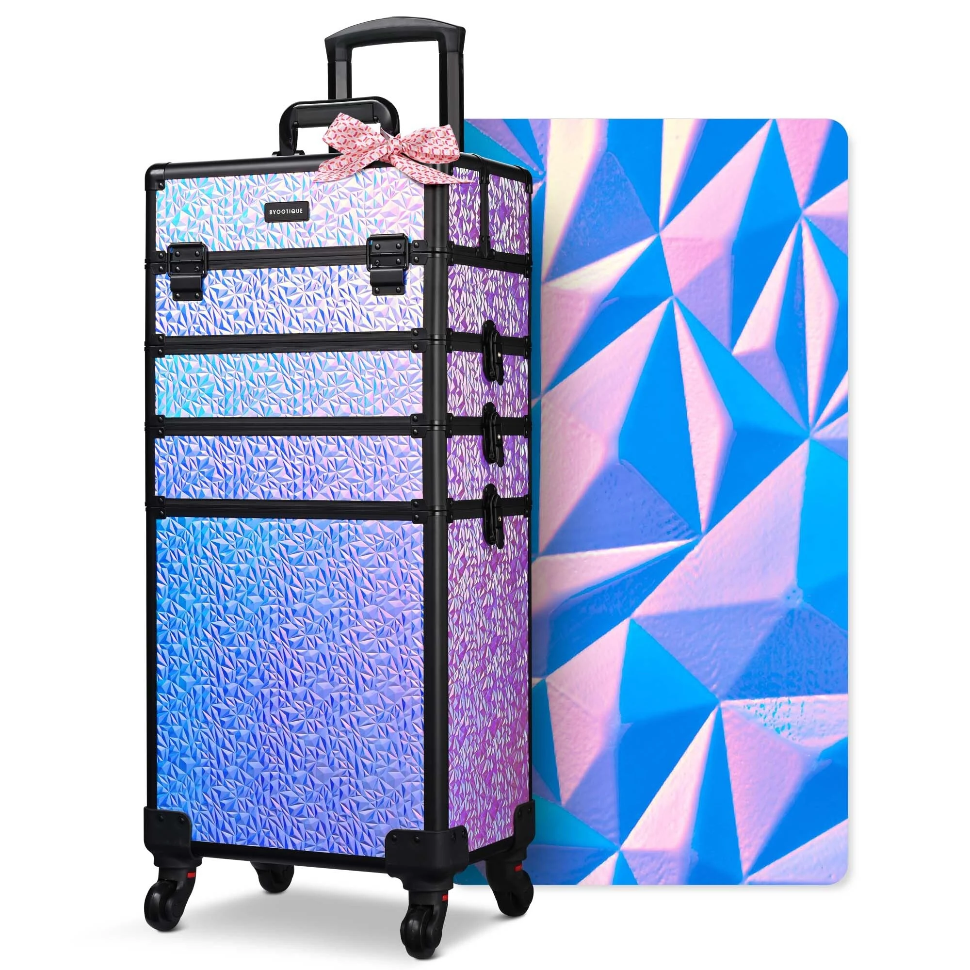 BYOOTIQUE 4in1 Rolling Makeup Case on wheels Nail Traveling Organizer box False Eyelash Storage for Nail Technician Beauty Salon Barbershop Hairstylist,Mermaid Purple