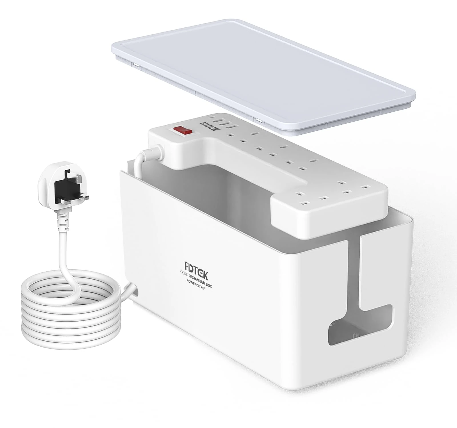 FDTEK Extension Lead with USB Slots & Cable Tidy Box - 5 Way Socket Extension, 4 USB Ports, 2M Cord Power Strip With Switch & Plug Tidy Cable Management Box large for Home & School Supplies