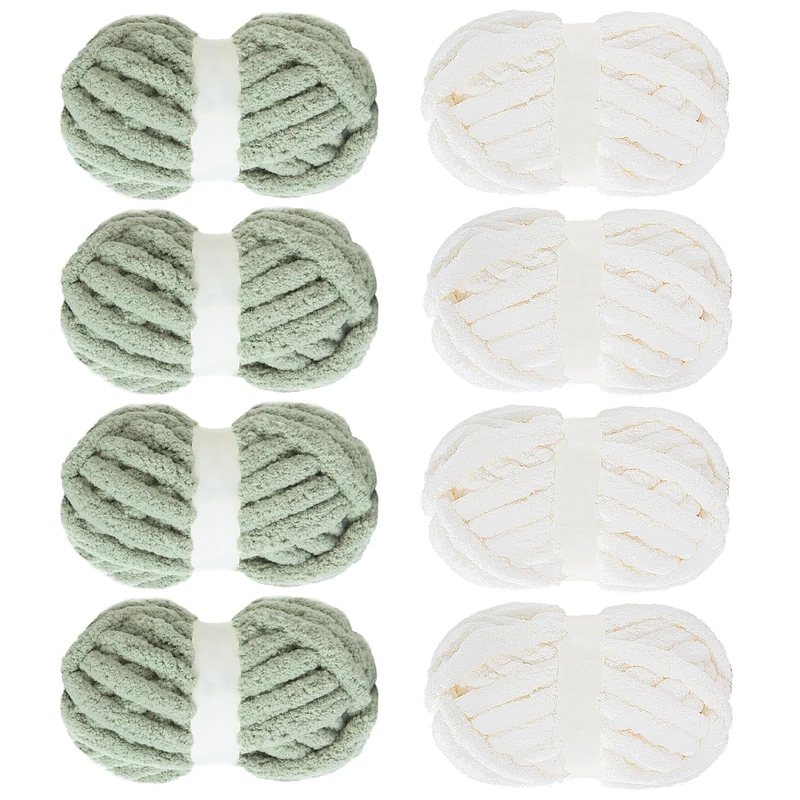 Mabozoo Assorted Chunky Yarn for Crocheting 8 Pack: Fluffy Chenille, Soft Plush, Giant Thick Fuzzy Yarn. 4 White & 4 Sage Green (31.7 yds, 8 oz Each Skein)