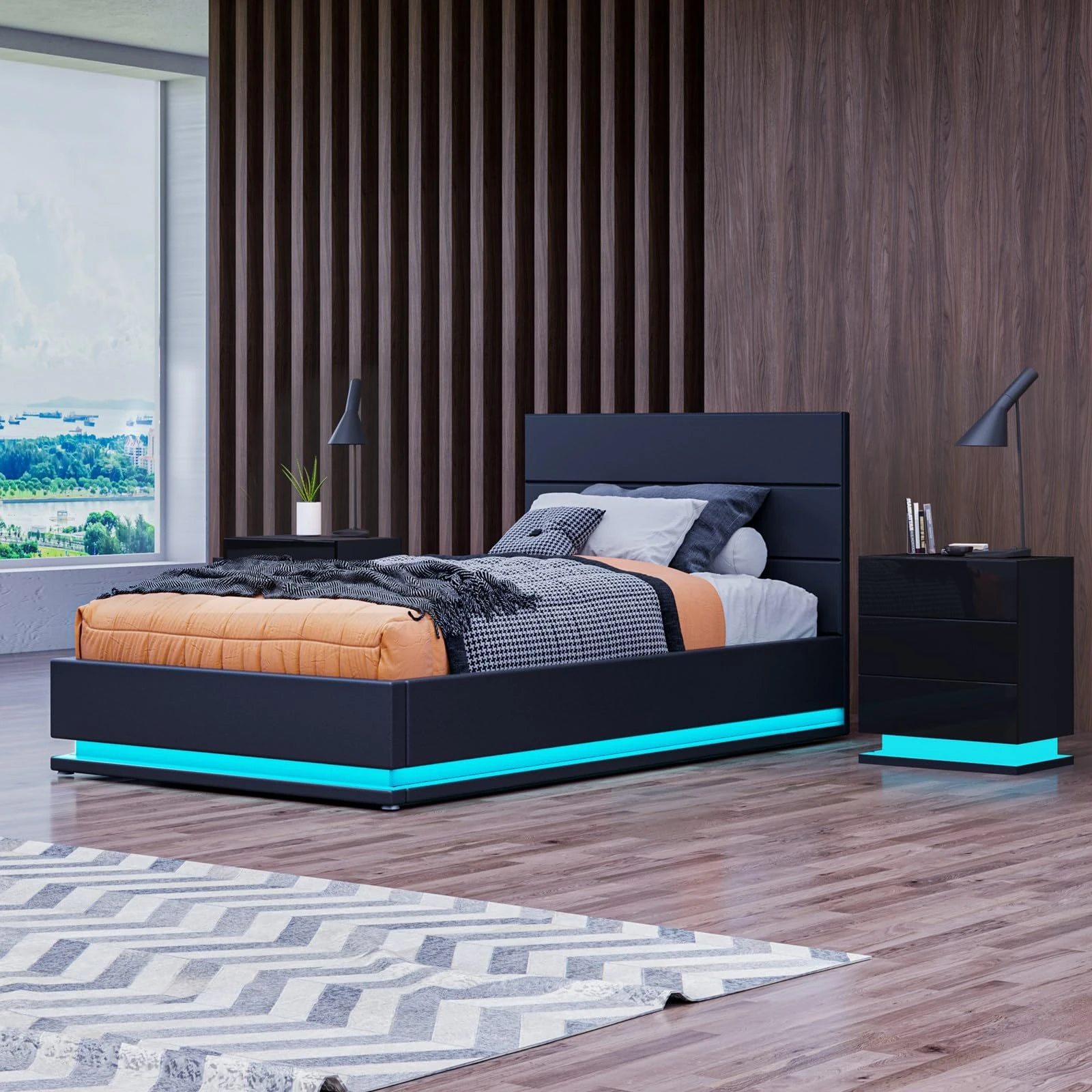 Bed Frame, 5FT Ottoman Bed with LED Light, Gas Lift Bed Bed Frame with Storage, Faux Leather King Bed for Bedroom Living Room Home Furniture, Black