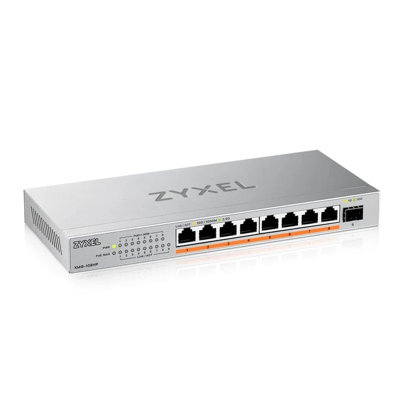 Zyxel 8-Port 2.5G Multi-Gig Unmanaged Switch @100W with 8x PoE++ (60W) | 1x 10G SFP+ | Desktop/Wall Mount [XMG-108HP]