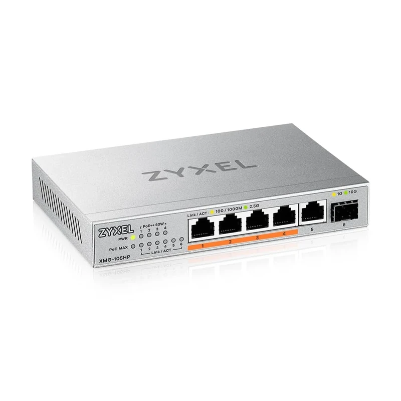 Zyxel 5-Port 2.5G Multi-Gig Unmanaged Switch @70W with 4x PoE++ (60W) | 1x 10G SFP+ | Desktop/Wall Mount [XMG-105HP]