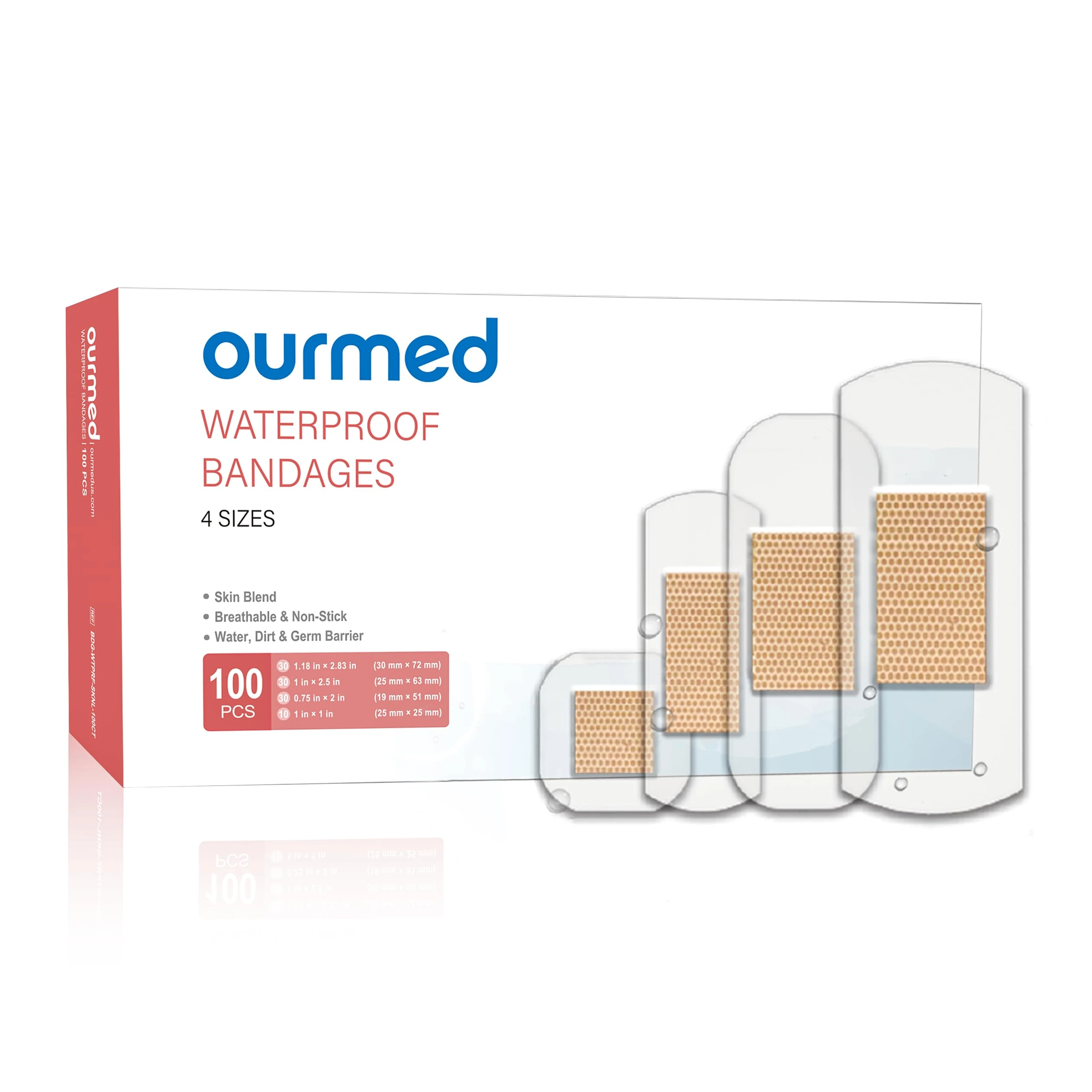 Ourmed Waterproof Plasters - Holds up to 48 Hours, Clear Adhesive Plasters Stays on Skin in The Bath, Shower or Pool, First-Aid Wound Care, Fingers, Knees and Heels, 100 Count
