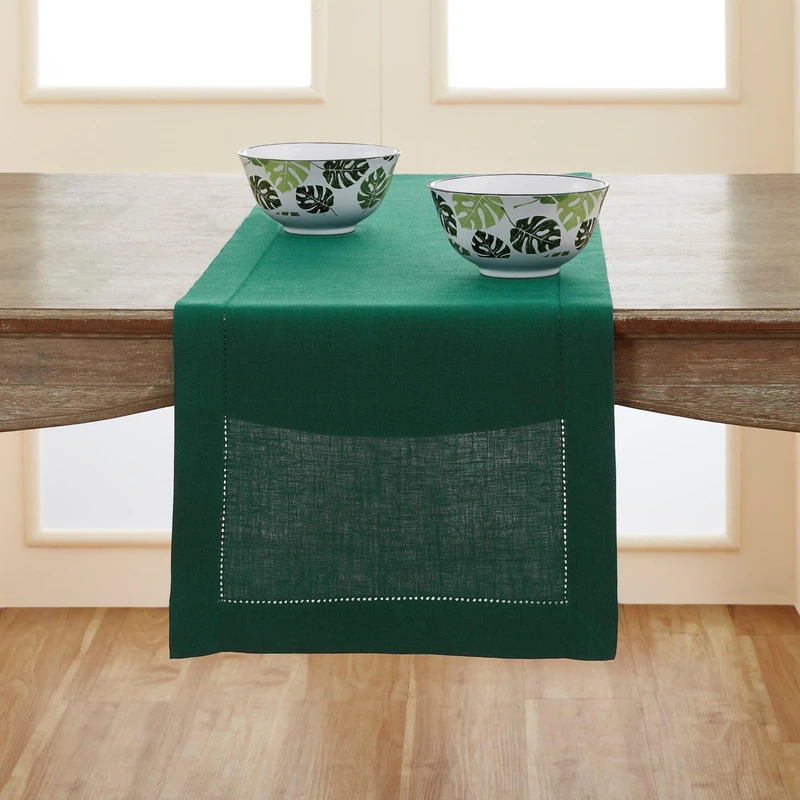 Solino Home Linen Table Runner 14 x 144 Inch Long – 100% Pure Linen Christmas Table Runner Rainforest – Machine Washable and Handcrafted from European Flax – Classic Hemstitch