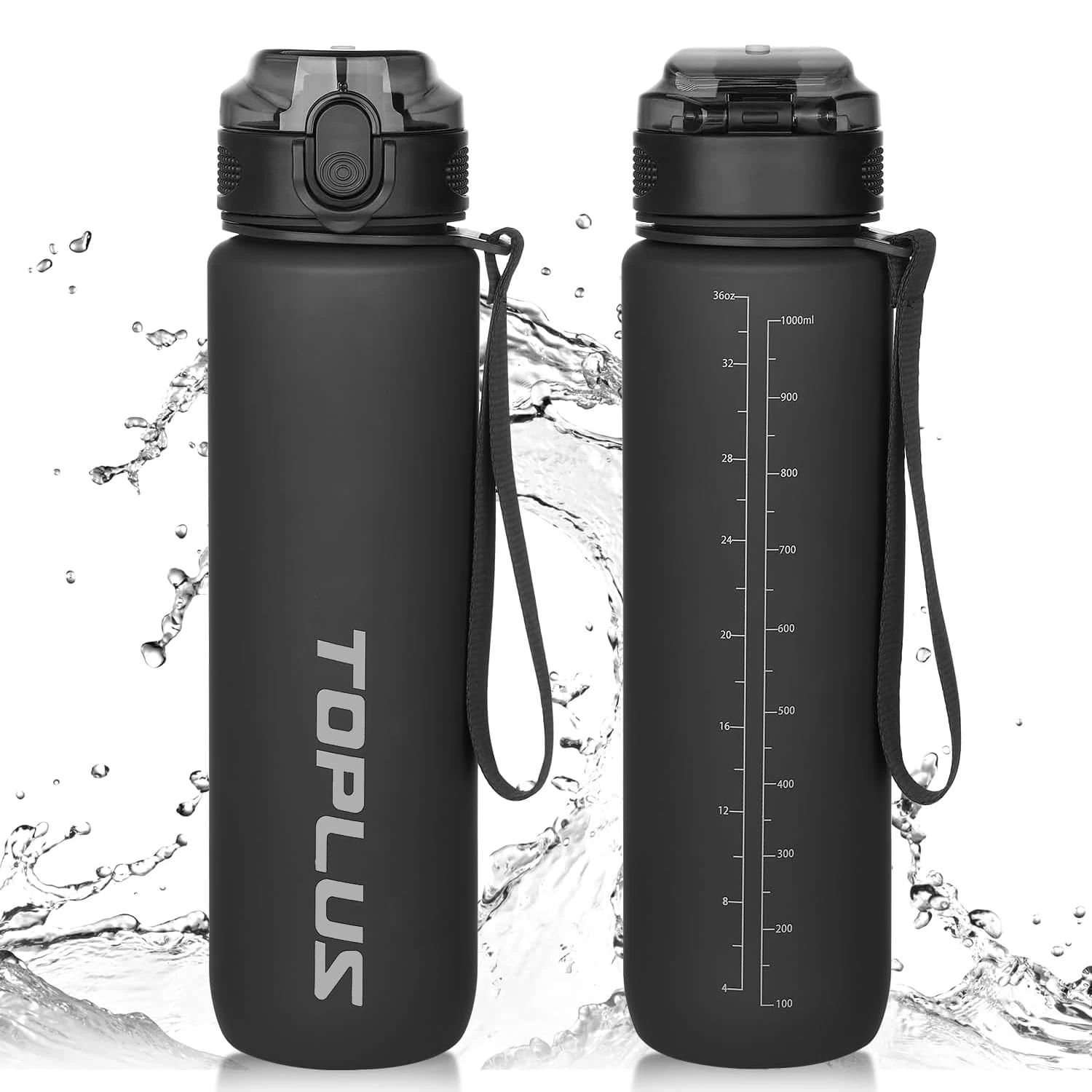 TOPLUS Sports Water Bottle 1L, BPA-Free Tritan Plastic Water Bottle for teenagers, adults, sports, hiking, gym, fitness, outdoor activities, cycling, school and office，Black (Black-1l)