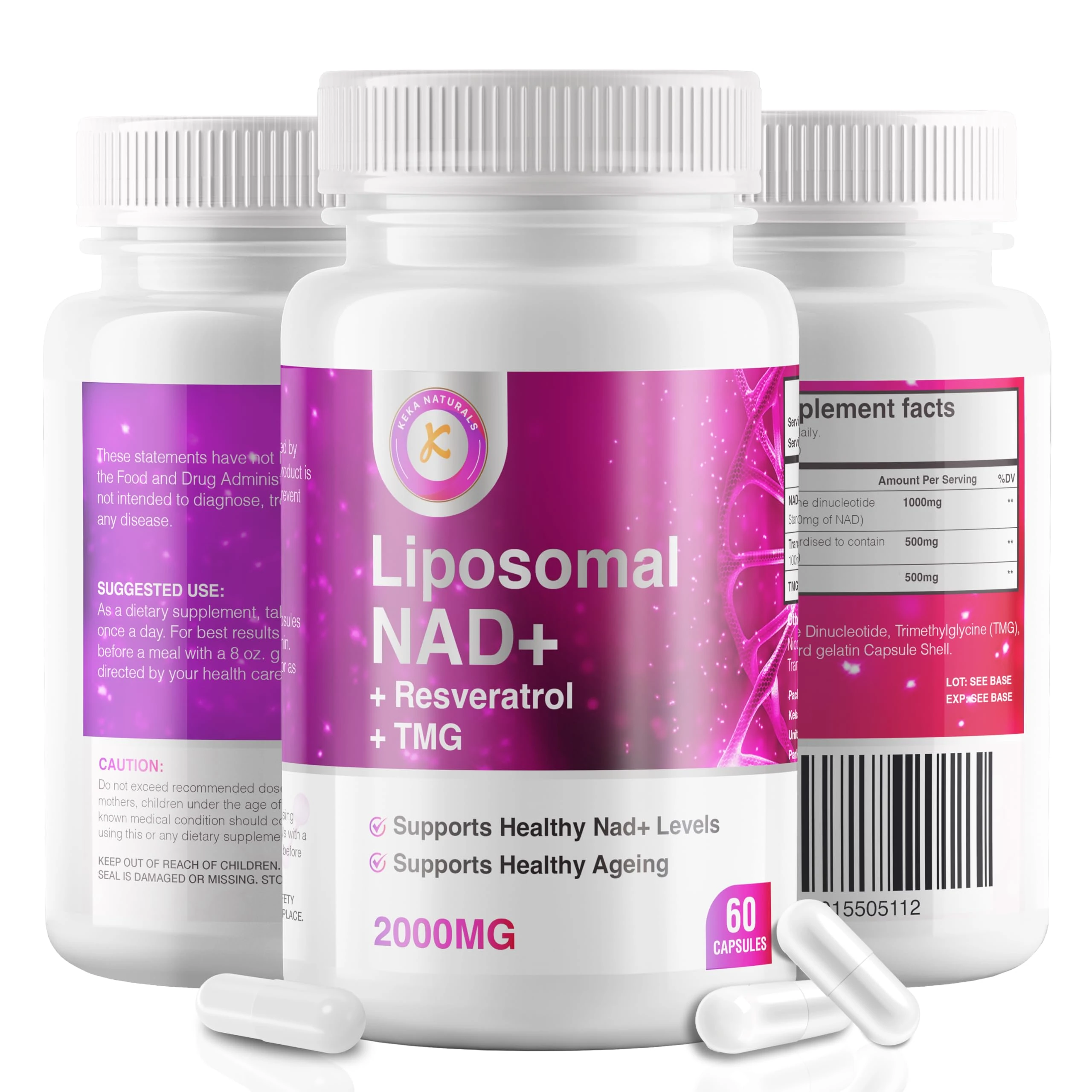 Pure NAD + Trans-Resveratrol + TMG | 2000mg | 3-in-1 Advanced Formula | NAD Resveratrol TMG Supplement | Boost NAD+ | Immune & Energy Support, Skin & Overall Health | 60 Capsules