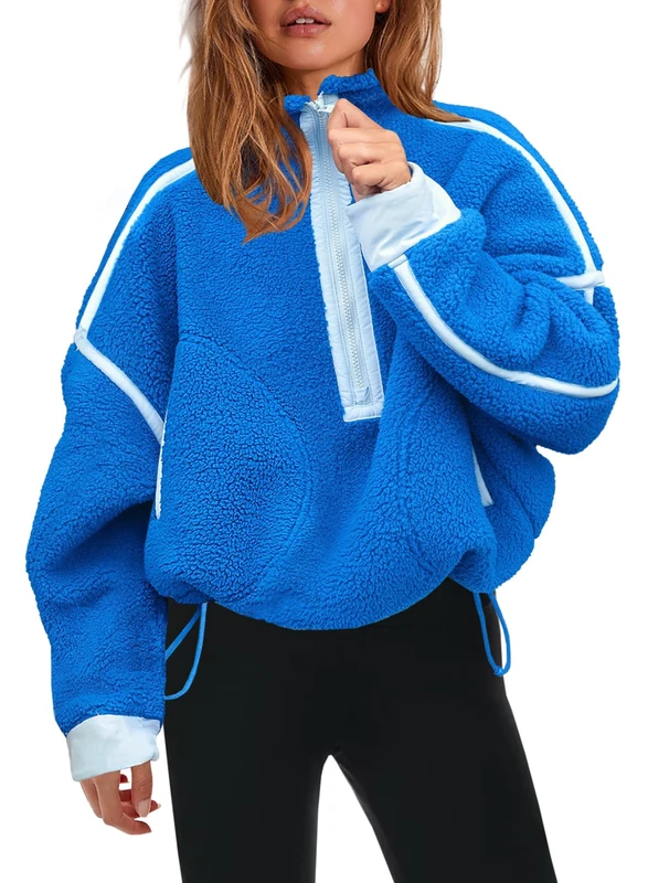 Panadila Womens Half Zip Sherpa Fleece Pullover Soft Oversized Sweatshirt with Pockets Warm Fuzzy Sweater, Bright Blue, S