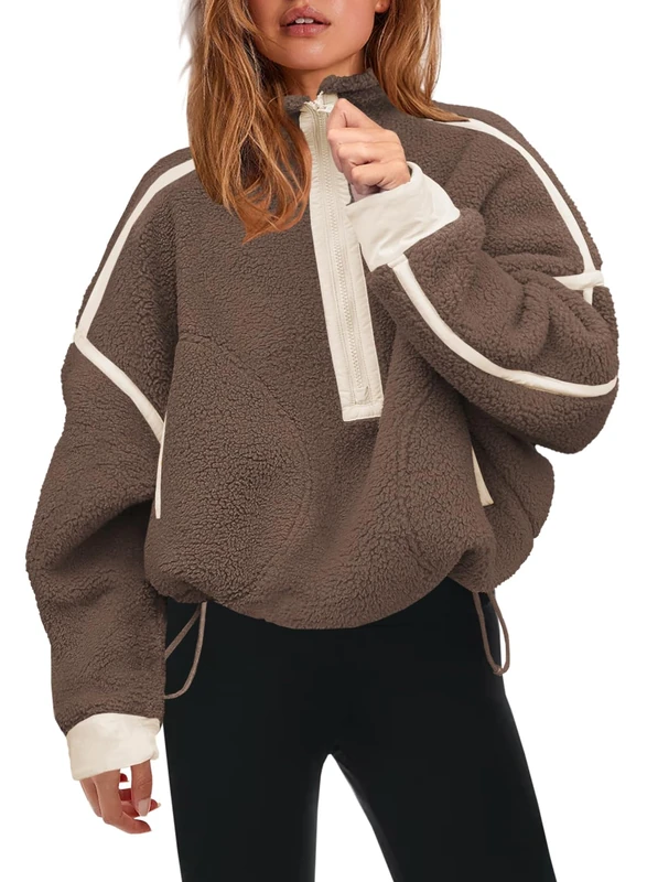 Panadila Women’s Sherpa Fleece Sweatshirt with Half Zip, Soft, Oversized with Pockets, Warm, Furry, brown, XL