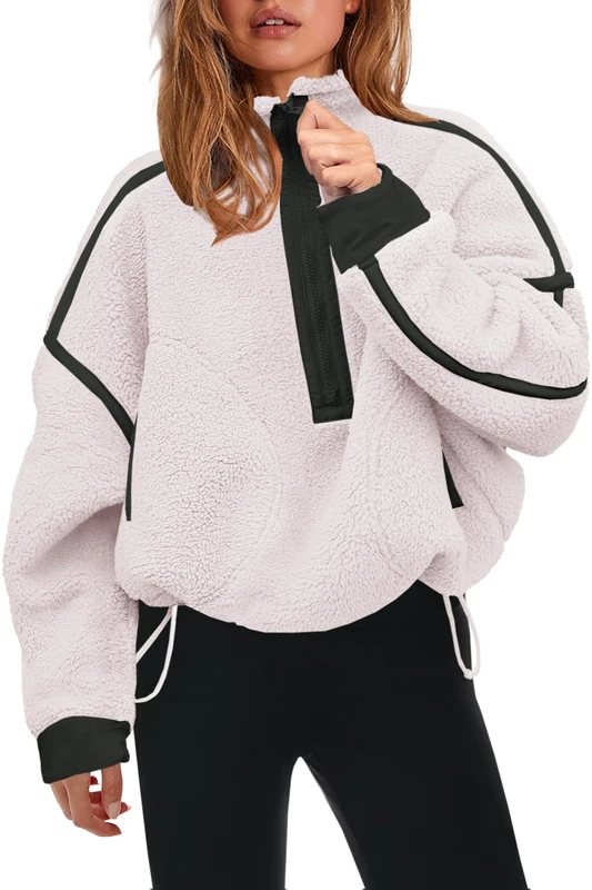 Panadila Women’s Sherpa Fleece Sweatshirt with Half Zip, Soft, Oversized with Pockets, Warm, Furry, White, XL