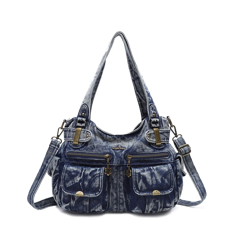 Purses and Handbags Women Tote Shoulder Top Handle Satchel Hobo Bags Fashion Washed Leather Purse, 2-denim Blue, Large