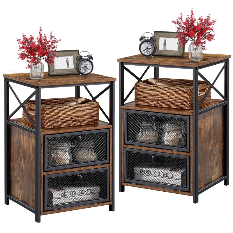 VECELO Modern Nightstand, End Table with flip Drawer and X-Design Side for Bedroom Living Room Office, Easy Assembly,Set of 2, Brown