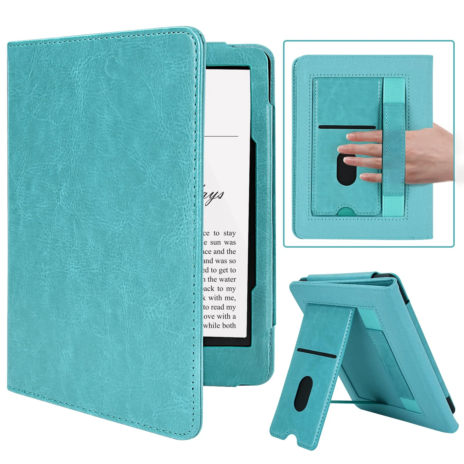 MMK Kindle Paperwhite Case 7"/6.8"(12th/11th Generation-2024/2021), Premium PU Leather Smart Cover with Hand Strap Card Slot, for Kindle Colorsoft Signature Edition(1st Gen 2024), Lake Blue