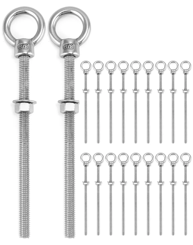 QWORK Threaded Eyebolts, 20 Pack 3/8" x 6" Long Stainless Steel Marine Grade Shoulder Eye Bolt