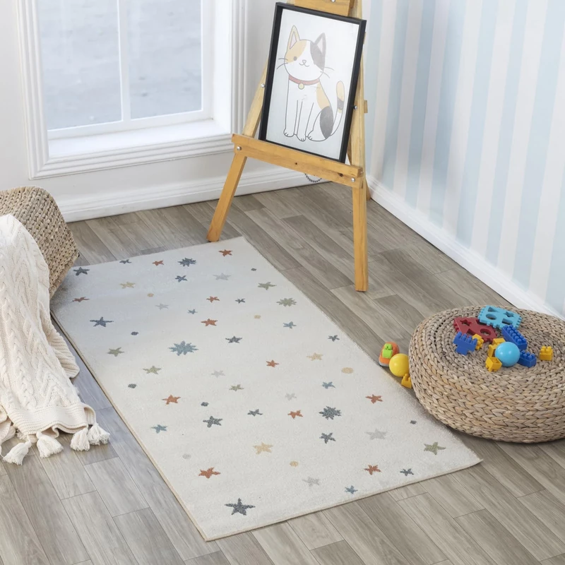Livabliss Stars Washable Kids Rug - Childrens Rugs for Bedroom 80x150 cm, Machine Washable Animal Rug for Girls & Boys Bedroom, Playroom and Nursery Rugs - Girl, Boy, Baby, Kids Carpet, Cream