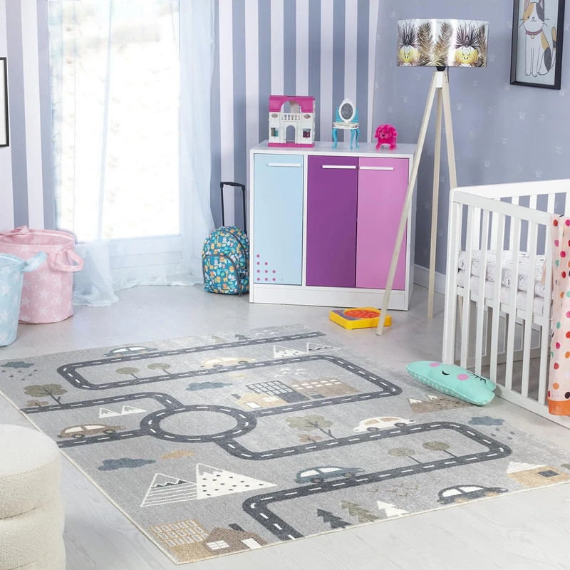 Livabliss Road Track Washable Kids Rug - Childrens Rugs for Bedroom 160x213 cm, Machine Washable Animal Rug for Girls & Boys Bedroom, Playroom and Nursery Rugs - Girl, Boy, Baby, Kids Carpet, Grey