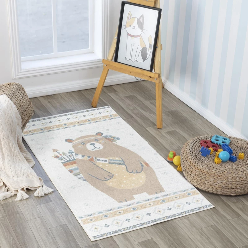 Livabliss Bear Washable Kids Rug - Childrens Rugs for Bedroom 80x150 cm, Machine Washable Animal Rug for Girls & Boys Bedroom, Playroom and Nursery Rugs - Girl, Boy, Baby, Kids Carpet, Beige