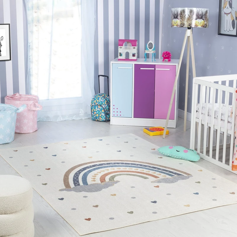 Livabliss Rainbow Washable Kids Rug - Childrens Rugs for Bedroom 160x213 cm, Machine Washable Animal Rug for Girls & Boys Bedroom, Playroom and Nursery Rugs - Girl, Boy, Baby, Kids Carpet, Cream
