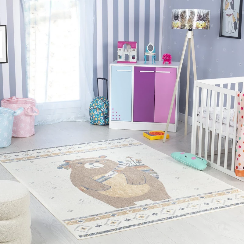 Livabliss Bear Washable Kids Rug - Childrens Rugs for Bedroom 160x213 cm, Machine Washable Animal Rug for Girls & Boys Bedroom, Playroom and Nursery Rugs - Girl, Boy, Baby, Kids Carpet, Beige