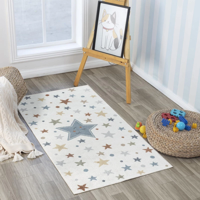Livabliss Stars Washable Kids Rug - Childrens Rugs for Bedroom 80x150 cm, Machine Washable Animal Rug for Girls & Boys Bedroom, Playroom and Nursery Rugs - Girl, Boy, Baby, Kids Carpet, Cream