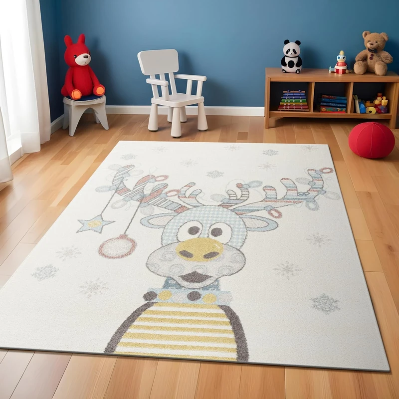 Livabliss Reindeer Kids Rug - Childrens Rugs for Bedroom 120x170 cm, Animal Kids Carpet for Girls & Boys Bedroom, Playroom and Nursery Rugs, Baby Rug for Girl or Boy Room, Ivory and Blue