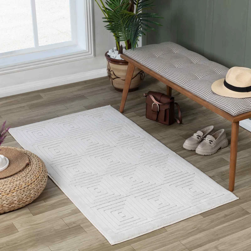 Livabliss Austin Indoor Outdoor Boho Style for Living Room 80x150 cm, Dining & Kitchen Carpet, Neutral Pattern, Waterproof, Stain Resistant, Durable – White