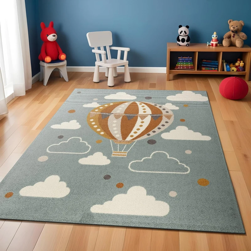 Livabliss Hot Air Balloon Kids Rug - Childrens Rugs for Bedroom 160x213 cm, Kids Carpet for Girls & Boys Bedroom, Playroom and Nursery Rugs, Baby Rug for Girl or Boy Room, Teal and Orange